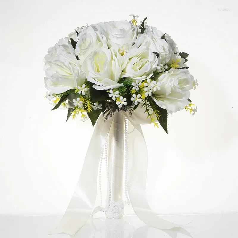 Flores decorativas buquê de casamento branco com fita de cetim de seda na noiva dama de honra segurando rosas acessórios artificiais de flores