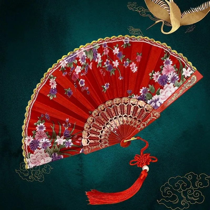 Decorative Figurines Silk Cloth Gold Edge Fans Chinese Traditional Dance Fan Style Customized Handmade Folding