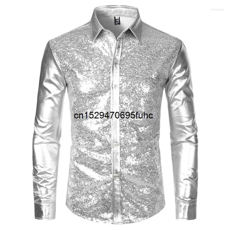 Chemises décontractées pour hommes Silver Metallic Paillettes Glitter Chemise Hommes 2024 70's Disco Party Halloween Costume Chemise Homme Stage Performance Mâle