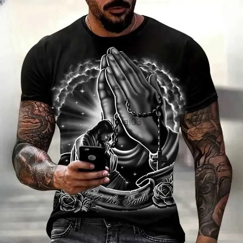 Camisetas para hombres Cristianismo rezar camisetas Moda 3D Jesús impresión camiseta para hombres Casual O-cuello de gran tamaño Tops de manga corta Ropa vintage