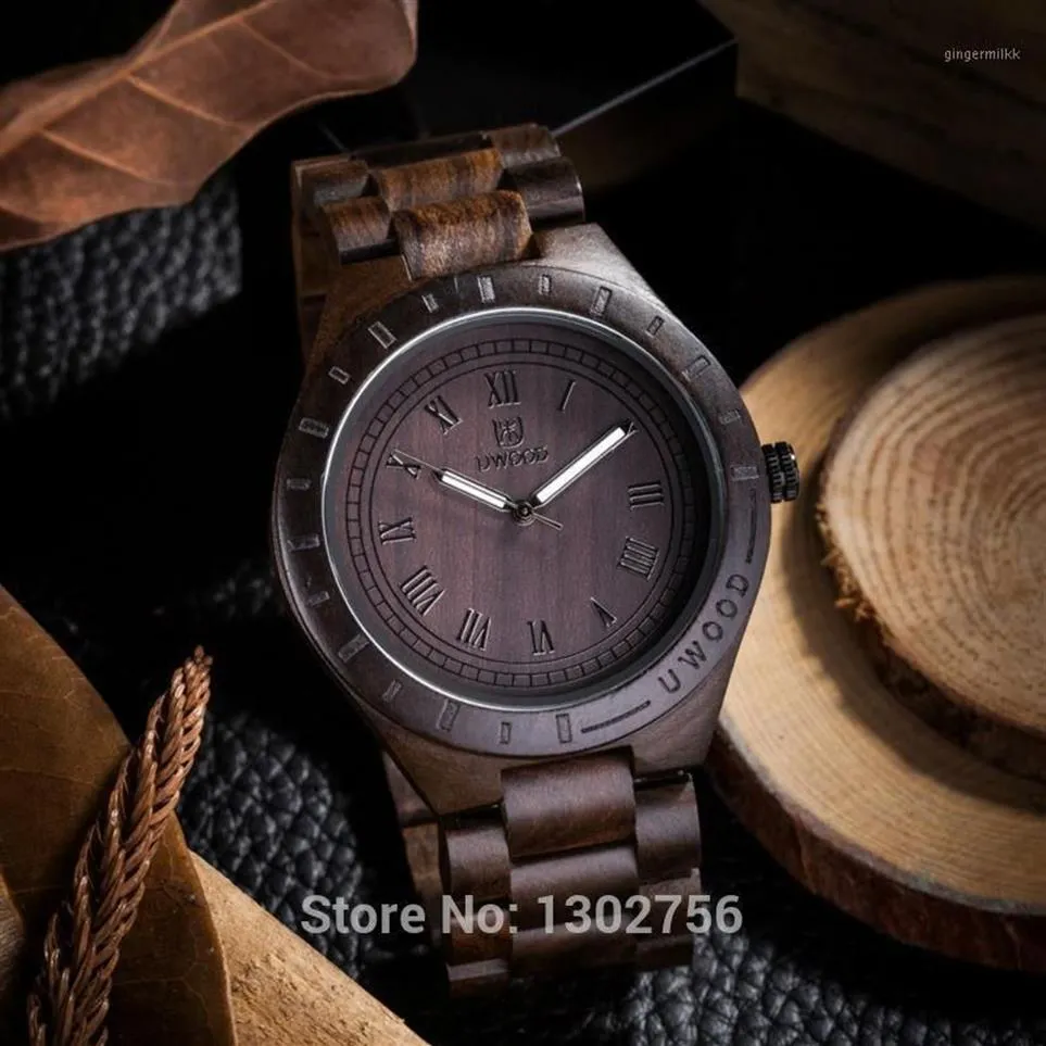 Nieuwe Natuurlijke Zwarte Sandaal Hout Analoog Horloge UWOOD Japan MIYOTA Quartz Houten Horloges Jurk Horloge Voor Unisex1278g