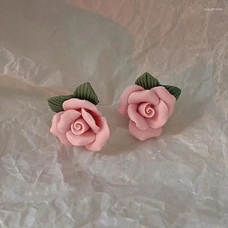 Orecchini a bottone Orecchino coreano rosa dolce fiore per le donne Rosa fiori bianchi perla squisiti zirconi gioielli per ragazze