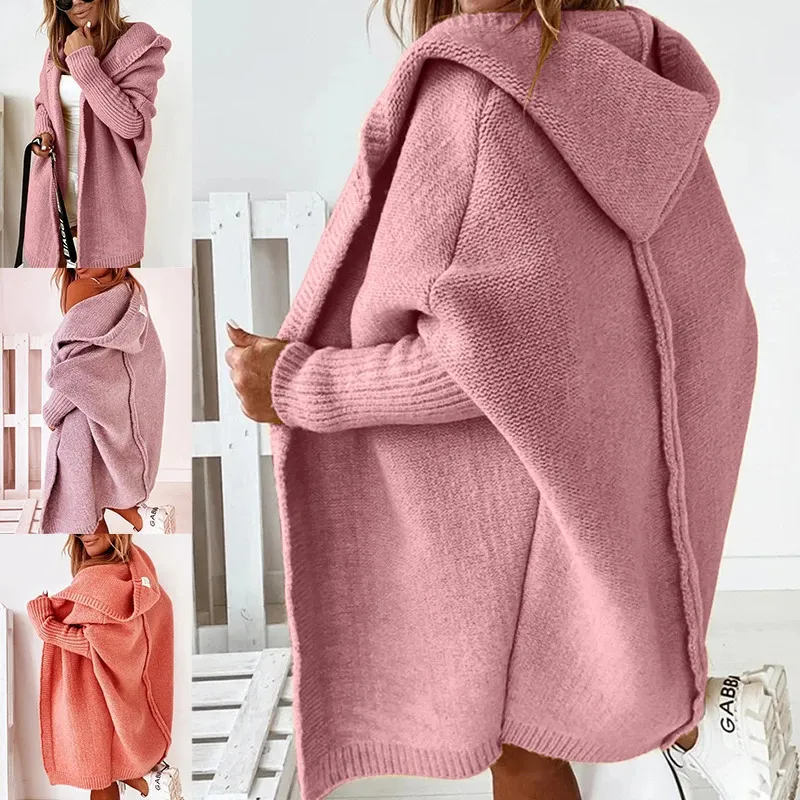 Kvinntröjor Cardigan Midlängd Löst Batwing Sleeve Hooded Coat Soft Warm Sheep Wool Sticking Autumn Winnter Jecket S-XL 240131