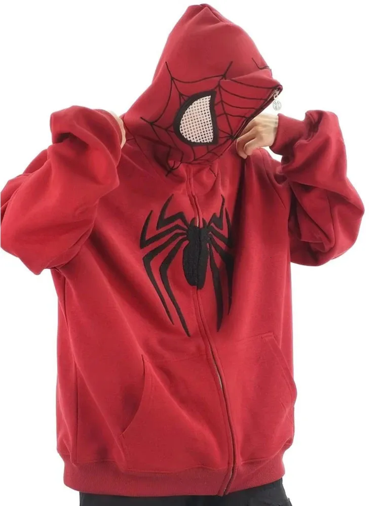 Harajuku Ricamo Spider Felpe con cappuccio Donna Uomo Casual Full Zip Up Hood Shirt Vintage Streetwear Felpe oversize Y2K Abbigliamento 240131