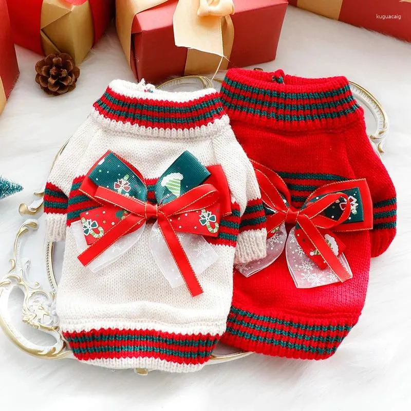 Ropa para perros Suéter de Navidad Ropa Otoño e invierno Gato Princesa Punto Feliz Pequeño Teddy Pet Bow Tie Bottom