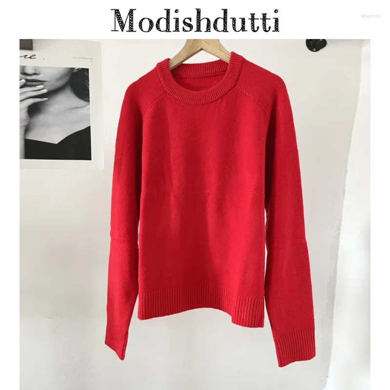 Chandails pour femmes Modishdutti 2024 Automne Femmes Mode Lâche Col Rond Pull En Tricot Femme Hiver Solide Couleur Casual Haut À Manches Longues