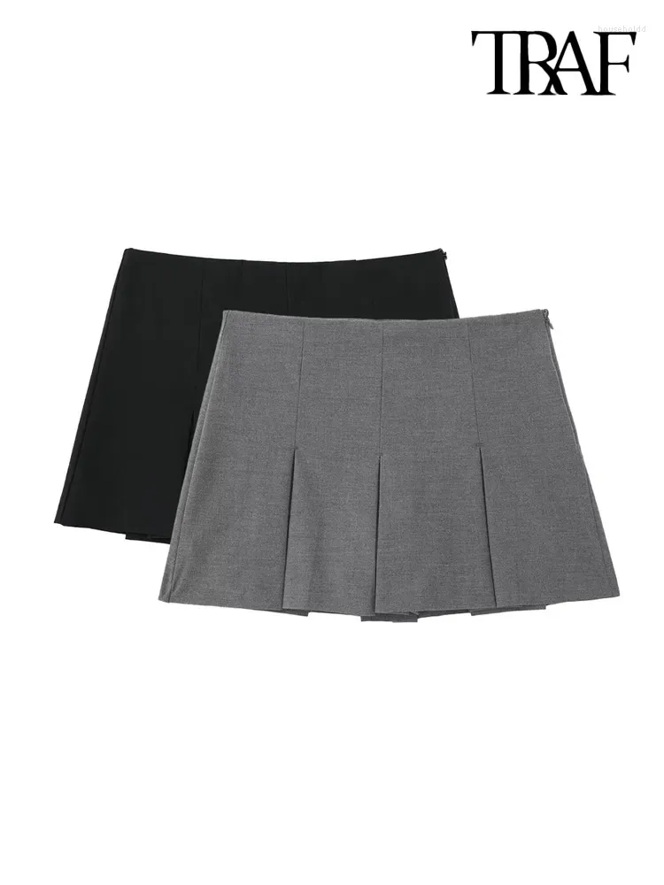 Shorts pour femmes TRAF Femmes Mode avec jupes plissées Vintage Taille haute Fermeture à glissière latérale Femme Skort Mujer