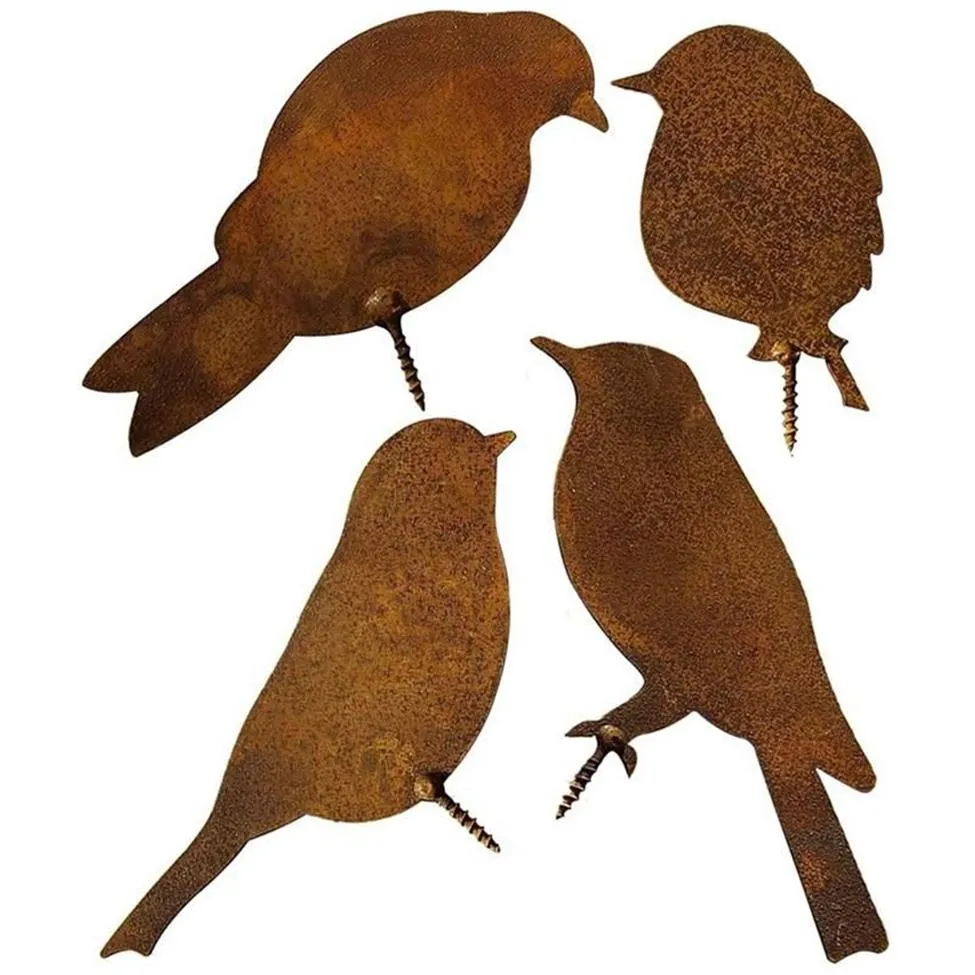 Articles de nouveauté oiseaux patinés avec vis à visser dans le bois 4 oiseaux rouillés en métal rouille décoration de jardin Figure 300e