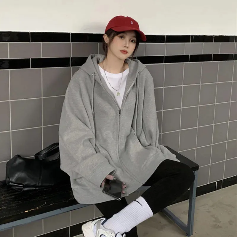 Womens Hoodie Solid Color Zipper Pocket Loose Harajuku Korean Sweatshirt Womens Long sleeved Hoodie Casual Top 2023 240131