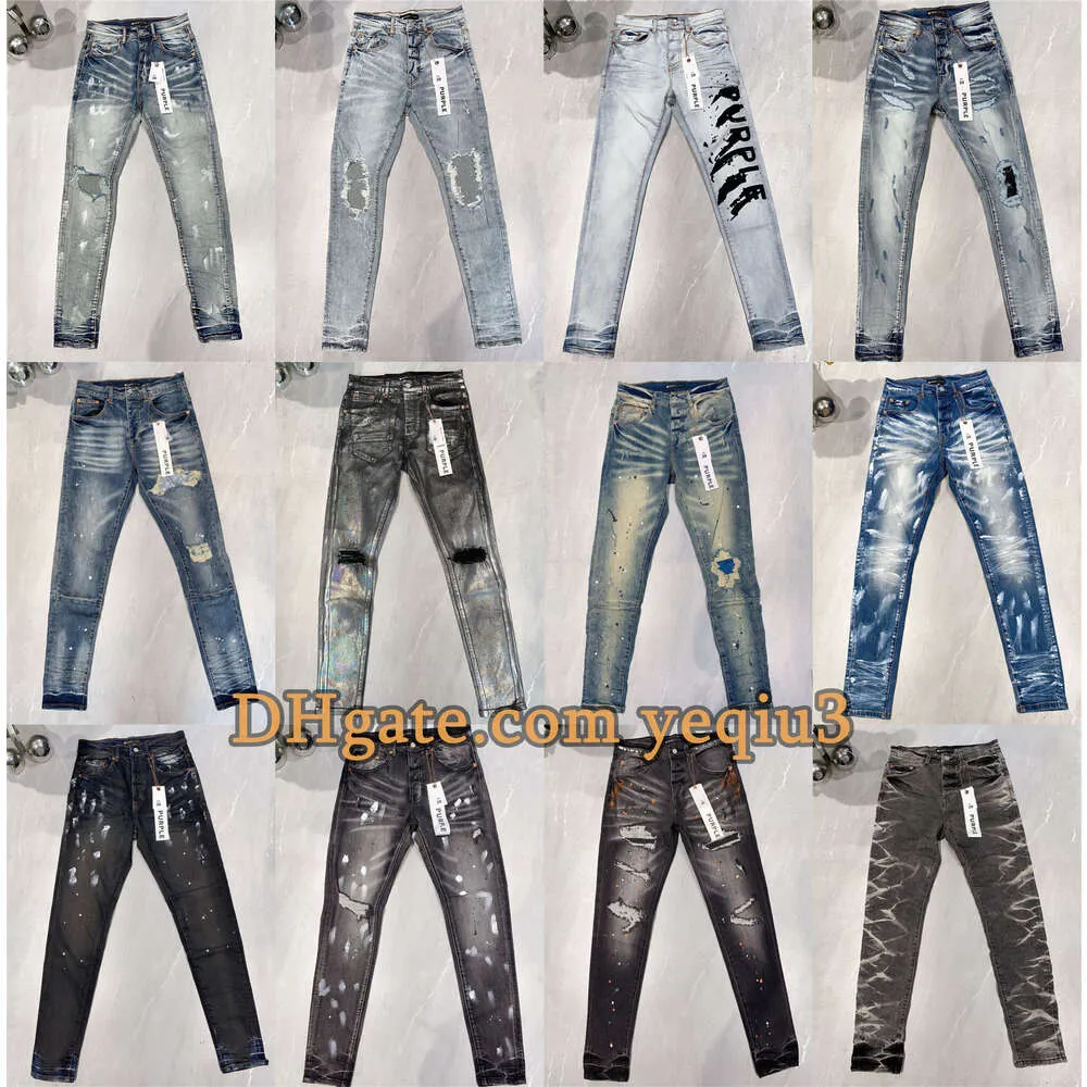 Paarse jeans Designer jeans voor heren broeken Paarse herentrends Distressed Black Ripped Slim Fit Mans Stacked Men Baggy Hole Tearing Sss