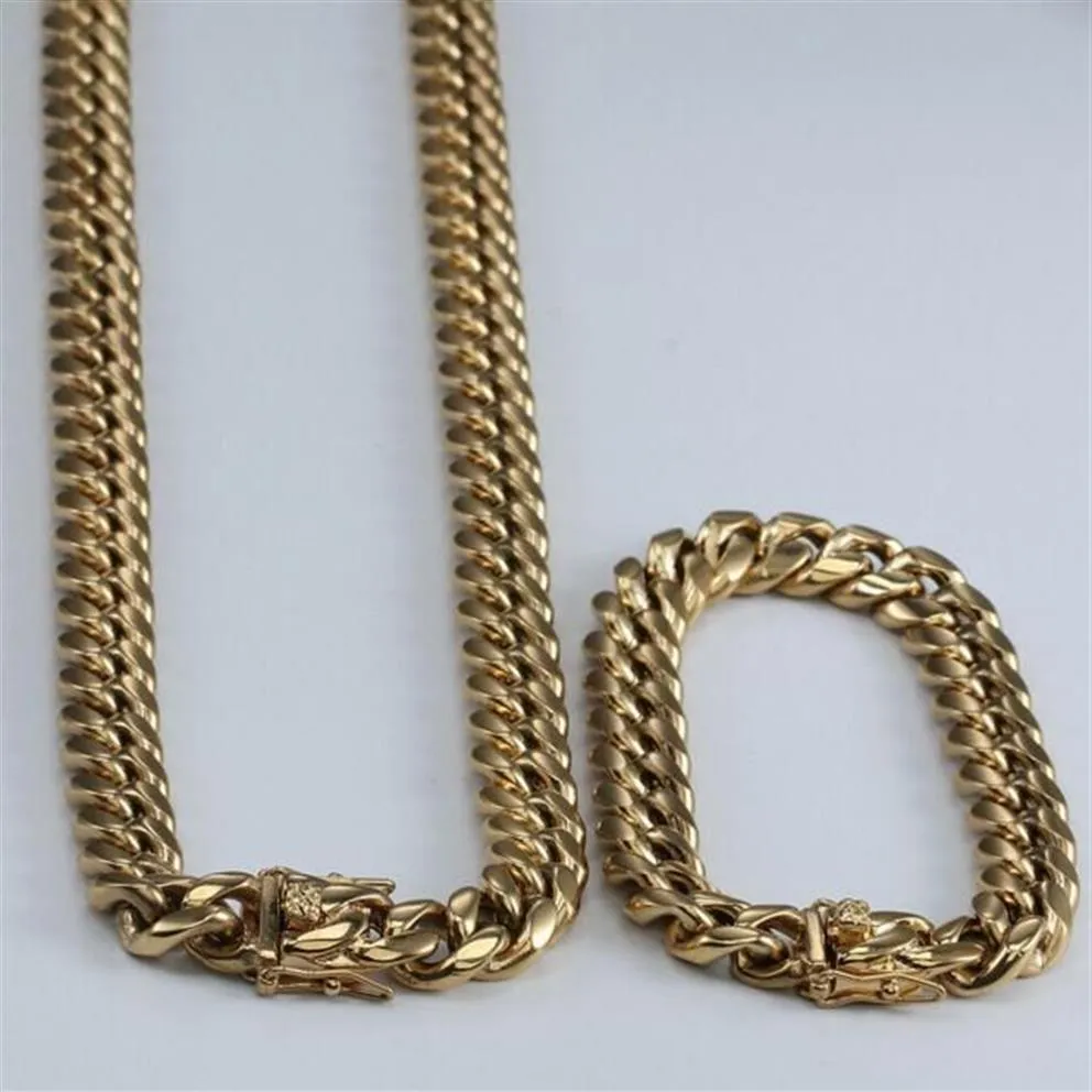 14k Gold Plated Men's Miami Cuban Link Braceletchain Set rostfritt stål 14mm291y