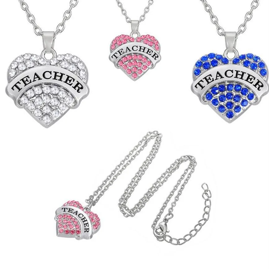 Teamer Clear Blue Pink Crystal Heart Engraved Teacher Pendant Halsband med Link Chain Fashion Jewelry for Teacher's Day Gift211q