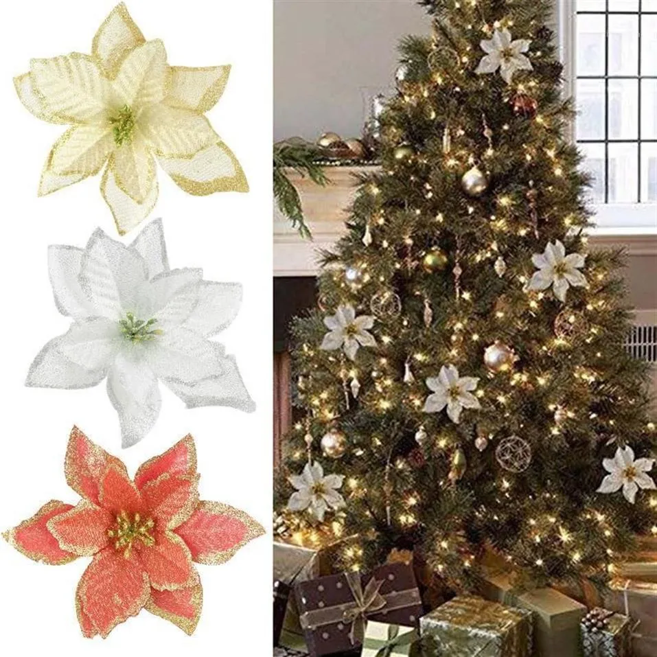 10 pièces 12 cm paillettes fleur artificielle couronne de noël décoration Poinsettia fausse fleur pour fête de mariage bricolage ornement d'arbre de noël 1217k