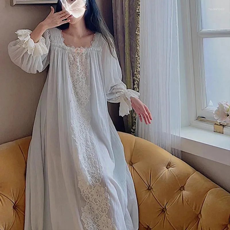 Women's Sleepwear Princess Vintage Long Loose Cotton Nightgowns French Sexy Square Collar Full Sleeves Nightdress Sweet Lace Embroidery