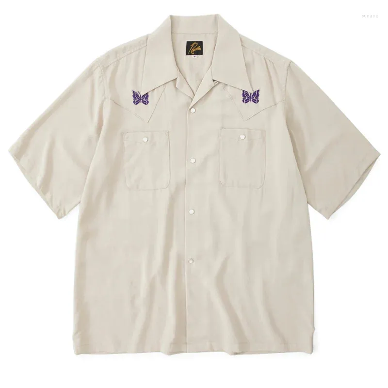 Camisas casuais masculinas agulhas denim camisa única fileira de botões bolsos design homens mulheres borboleta bordado manga curta t-shirt