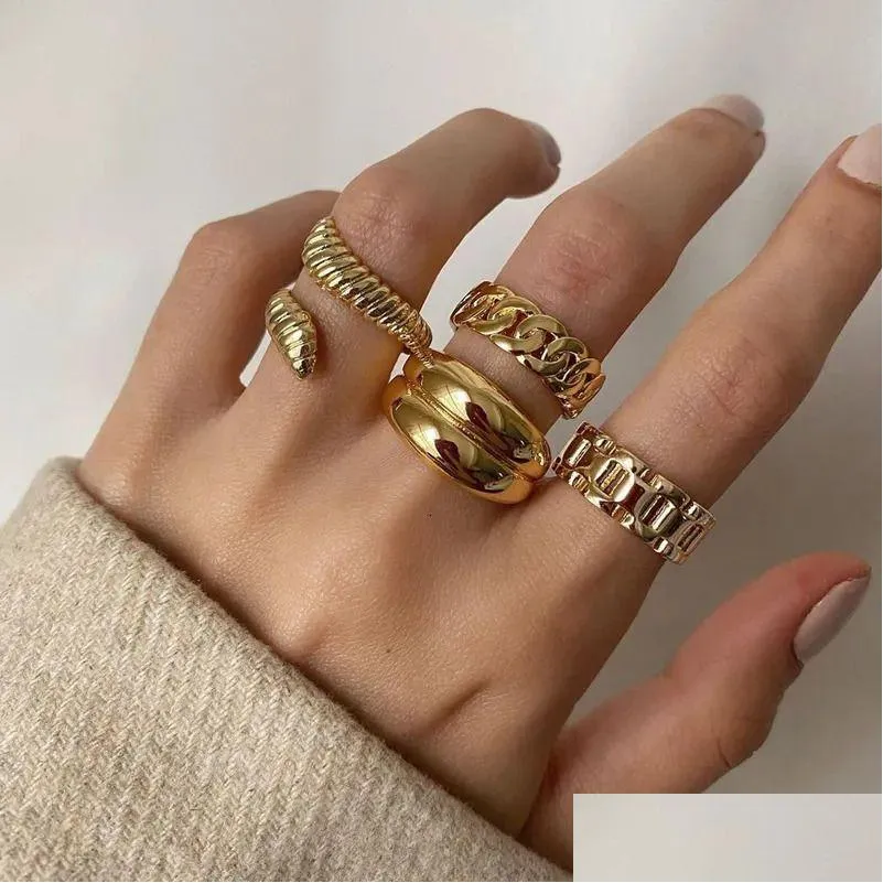 Solitaire Ring 4Pcs Set Punk Metal Anillos Round Rings Gold Color Open For Women Fashion Finger Accessories Jewelry 231012 Drop Deliv Dhctw