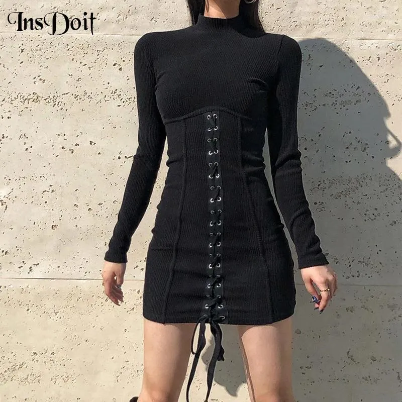 Casual Dresses InsDoit Goth Lace Up Black Corset Women Streetwear Aesthetic Vintage Bodycon Dress Long Sleeve Harajuku Sexy Party