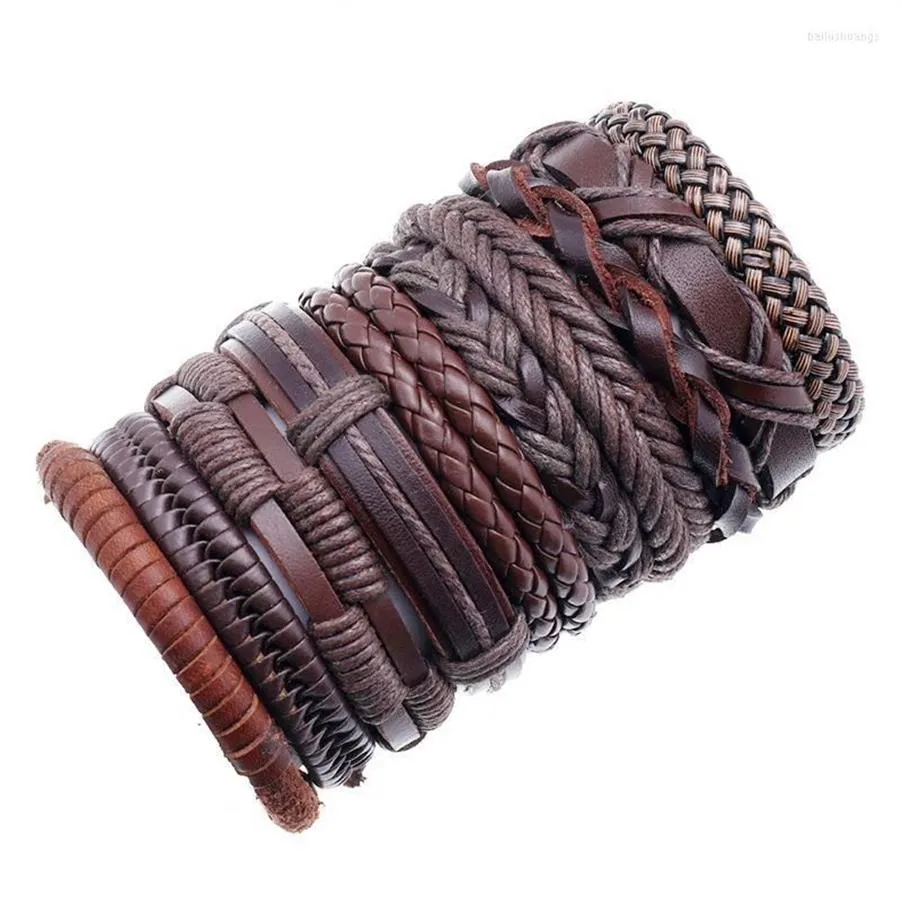 Pulseras con dijes 10 unids / set Pulsera de cuero vintage multicapa Estilo punk Un conjunto Brazaletes para hombres Pulseras Joyería masculina Gift250L