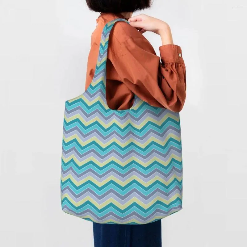 Shopping Bags Zigzag Pattern Seamless Canvas Women Reusable Large Capacity Groceries Bohemian Modern Geometric Shopper Tote