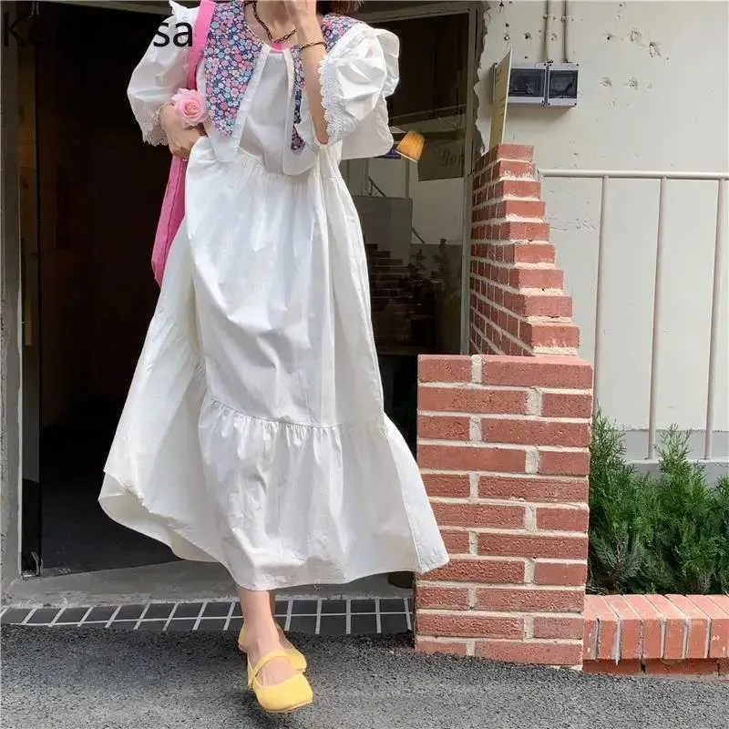 Grundläggande casual klänningar Koamissa mode sommarlånga klänningar puff ärmar söt Peter Pan Neck Trow Tank Top Korean Studentklänning Direkt frakt J240130