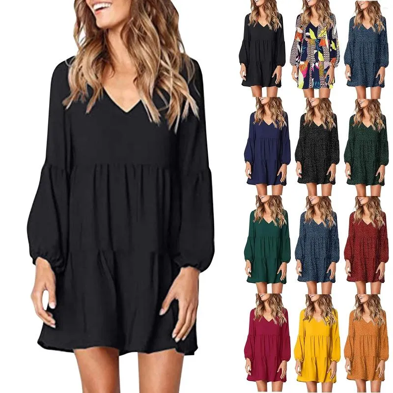 Casual Dresses Women's Fashion V-Neck Loose Ruffle Pleated Swing Solid Colour Chiffon Youthful Elegant Dress Vestido Feminino