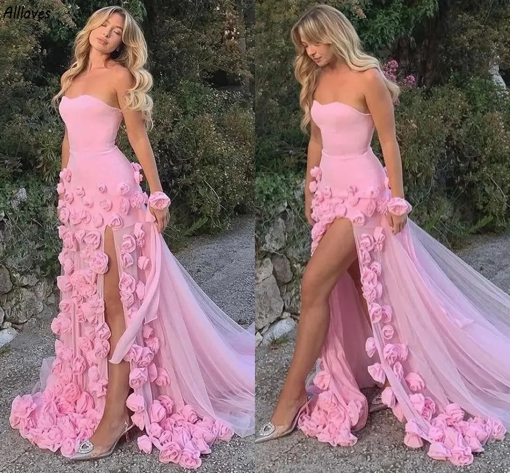 Hübsche errötende 3D-Rosa-Blumen-Abendkleider für Frauen, trägerlos, sexy, hoch gespalten, Vestidos, Partykleider für den zweiten Empfang, Meerjungfrau-Tüllrock, formelles Abschlussballkleid