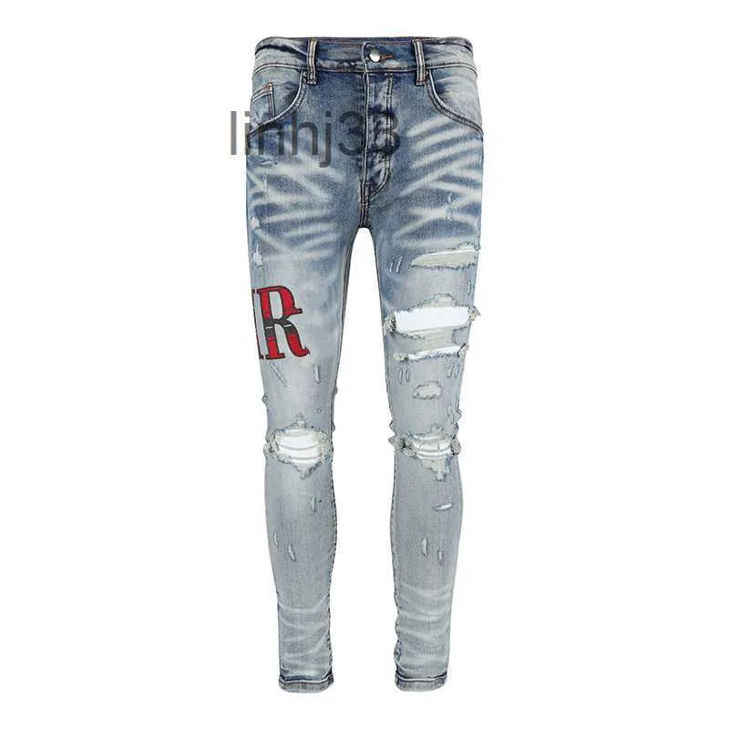 Jeans masculinos novos 2023 jeans masculinos angustiados motocicleta motociclista jean rock skinny amirs slim rasgado marca de moda carta marca denim calças masculinasqmv8