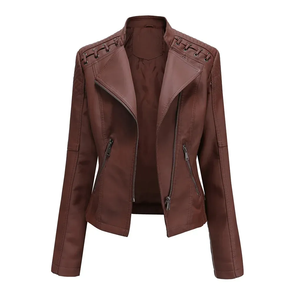 Women Faux Leather Jacket European Size Coat Spring Autumn Moto Biker Zipper Jacket Purple Coffee Yellow Red Brown Navy 240127