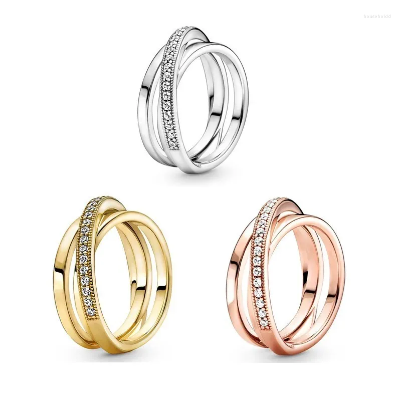 Anelli a grappolo Autentico argento sterling 925 in oro rosa Crossover Pave Triple con anello di cristallo per le donne Festa di nozze Europa Gioielli di moda