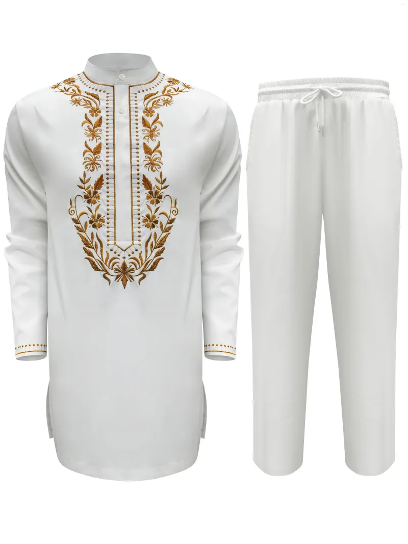 メンズトラックスーツアフリカンメンズ衣類ホワイトシャツとパンツパーティーの衣装Dashiki 2024 2pcs in 1セットの刺繍カジュアルスーツ