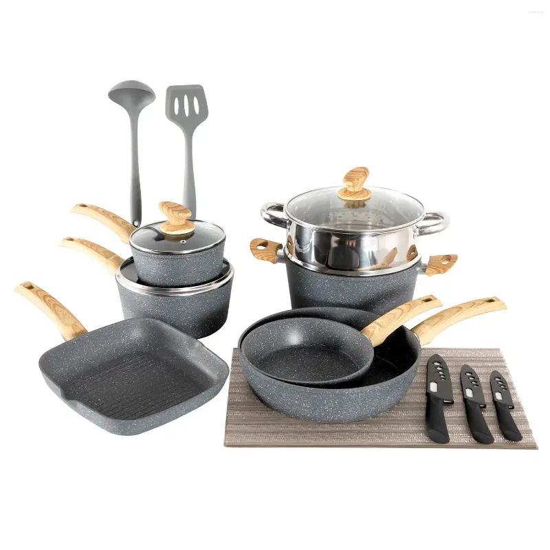 Cookware Sets MF Studio 19 Pieces Set Granite Nonstick Pots And Pans Blue Gray
