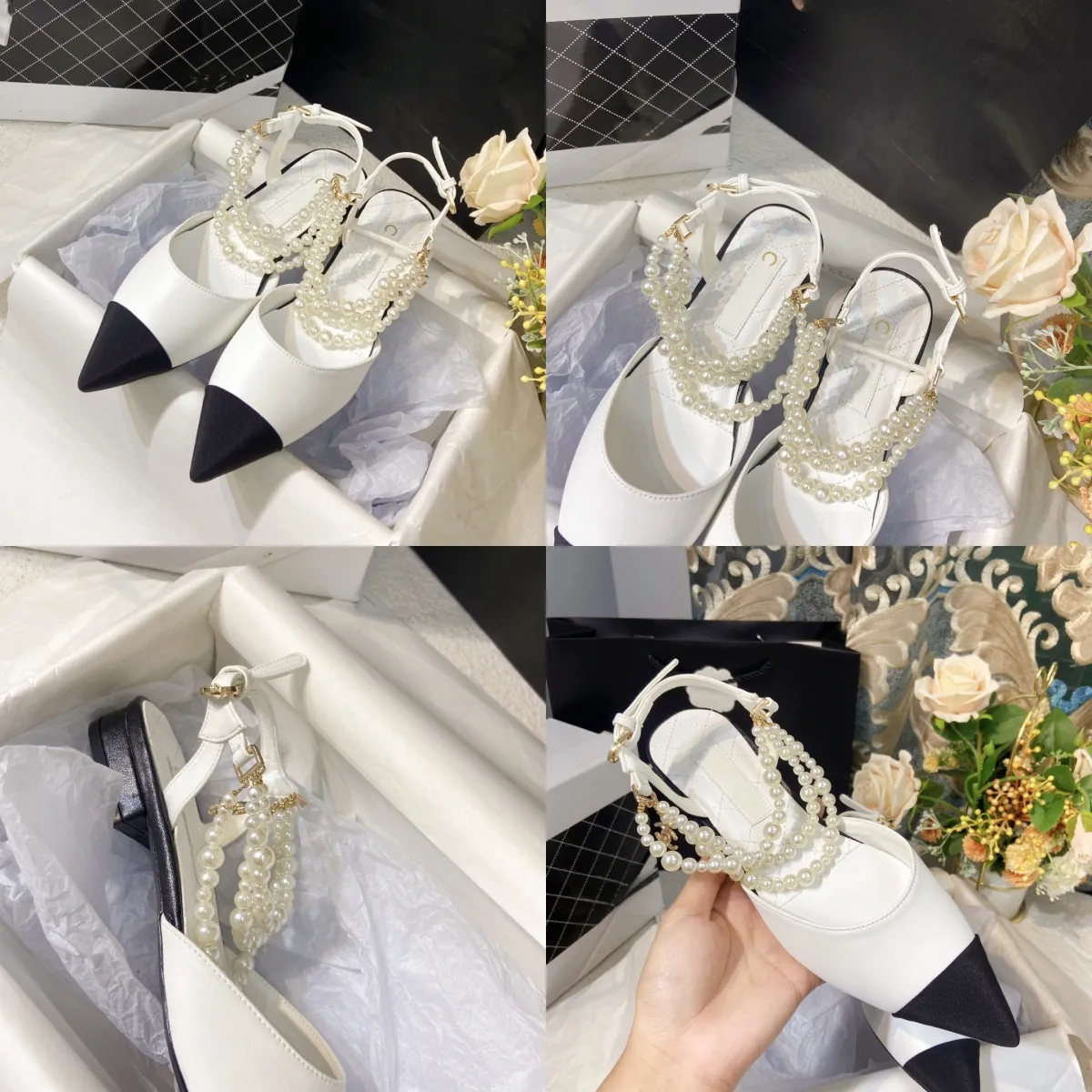 Designer Ballerines Chaussures Habillées De Luxe Channeliness Slingback Talons Designer Double Lettre Mary Jane Chaussures Fille Vintage Pointu En Cuir Perles sandales