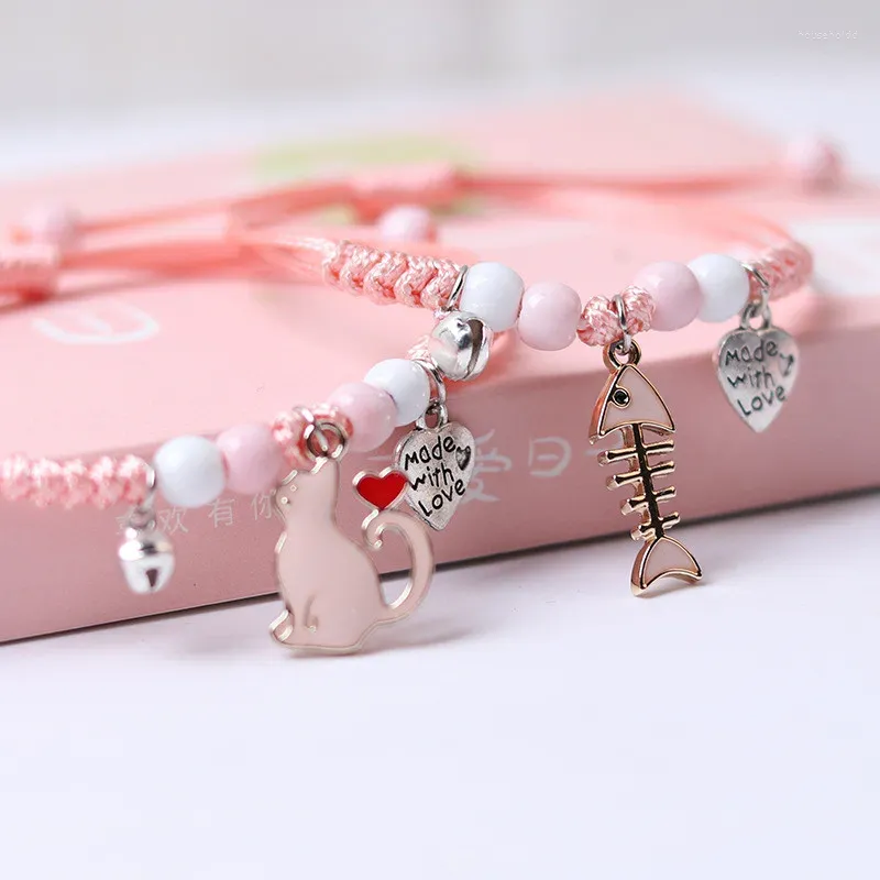 Charm Bracelets Korean Pink Cat And Fishbone Coupls Bracelet For Women Men Cute Cartoon Animal Flower Kids Student Friendship Jewelry