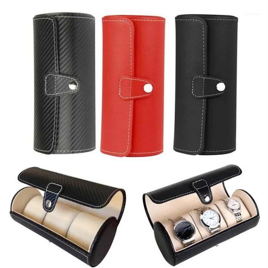 Titta på Display Present Box Case Roll 3 Slot Wristwatch Halsband Armband Smycken PU LÄDER Box Storage Travel Pouch1317V