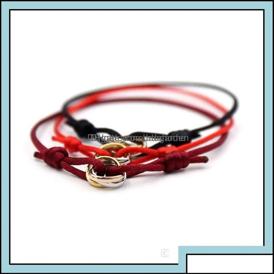 Bracelets de charme Bijoux en acier inoxydable 316L Trinity Ring String Bracelet Trois anneaux Dragonne Couple pour les femmes et Otvmq286O