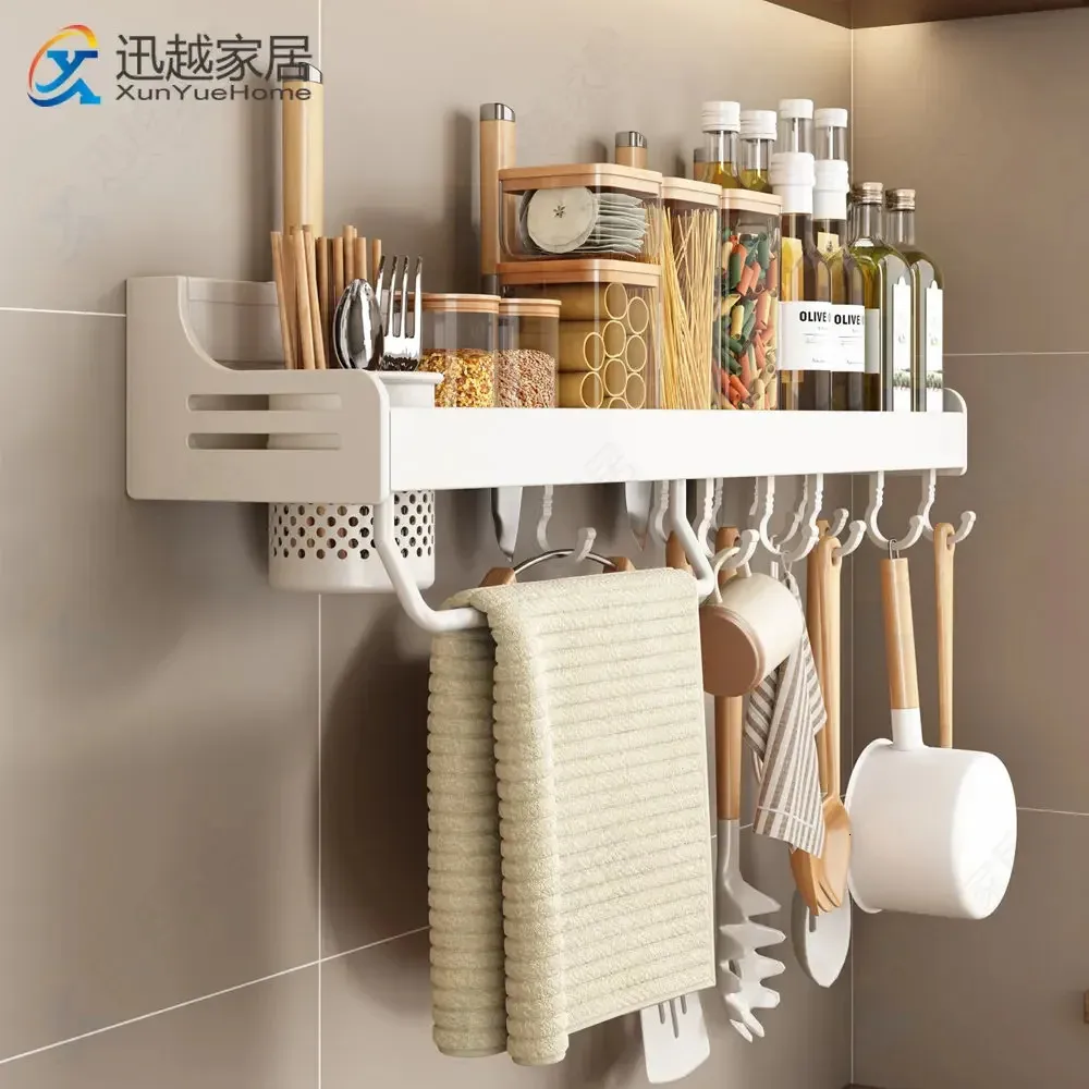 Kitchen Spice Racks Wall Season Bottle Holder Condiment Knife Chopstick Cup Gadgets Supplies Hooks Hanger Storage White Aluminum 240122