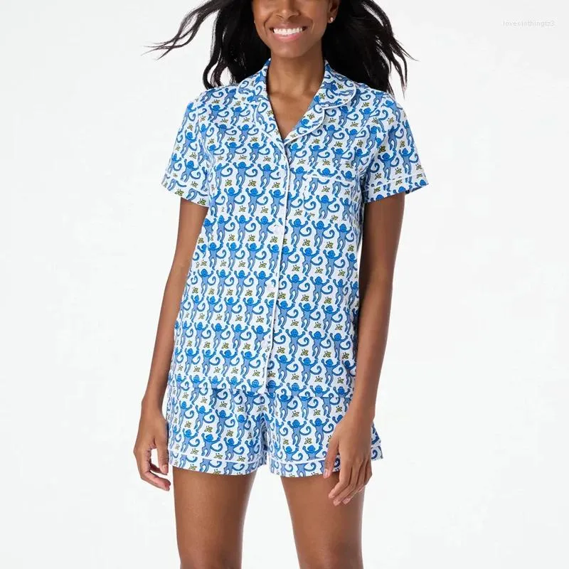 Kvinnors sömnkläder Preppy Monkey Pyjamas Set Women Y2K Clothel Collar Single Breasted Short Sleeve Shirt Top and Shorts 2000s