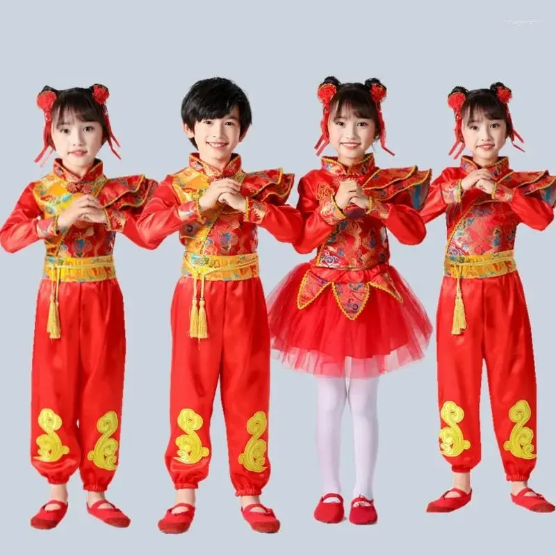 Stage Wear Costume de l'année traditionnelle chinoise Costumes de danse folklorique pour enfants Hanfu moderne pour filles garçons robe de performance rouge