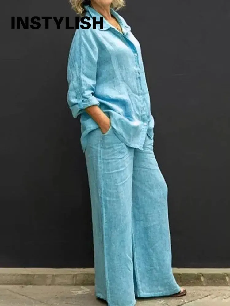 Linne lapel Två stycken Set Autumn Vintage Solid Color Long Sleeve Button Shirt Blus Women Casual Loose Straight Pants Suits 240127