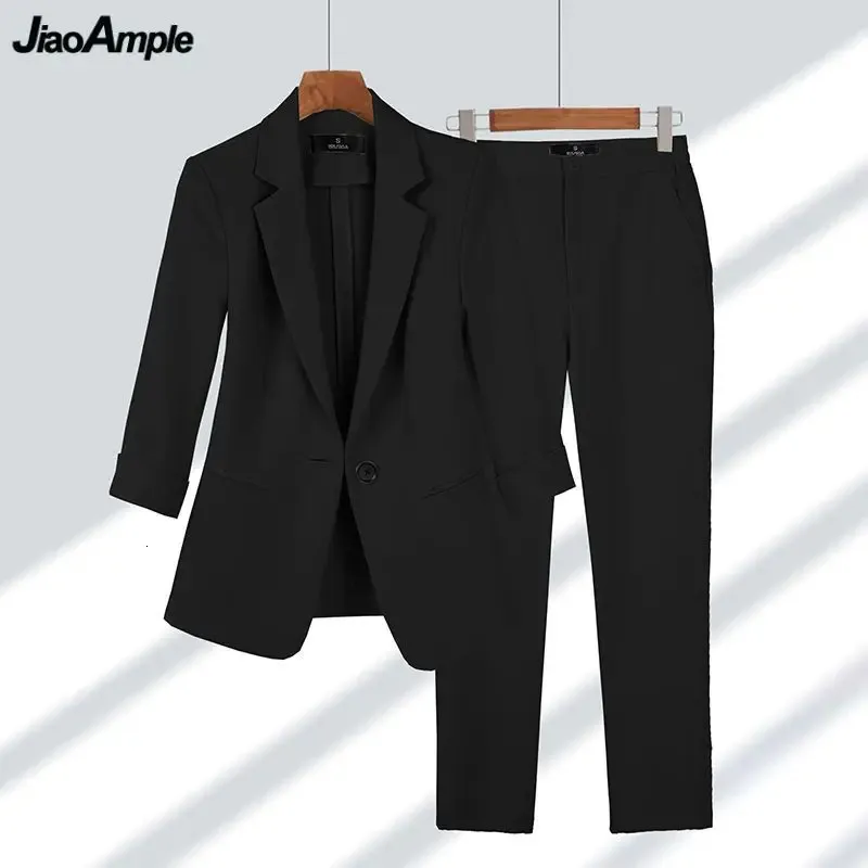Женский пиджак и брюки, комплект из 2 предметов, весна-лето, тонкий офисный женский базовый Джокер, черный костюм, пальто, брюки, рабочая одежда, женская 240122