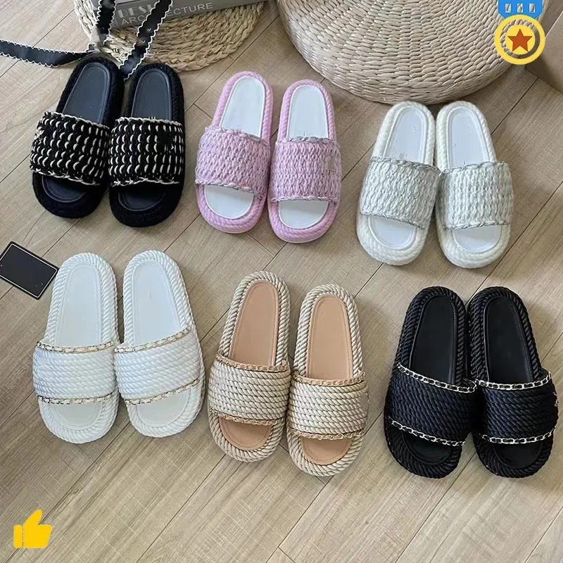 Small Fragrant Women Mules Slippers Sandal Braided Knit C Letter Indoor Striped Slippers Summer Ladies Beach Flat Flip Flops Shoes Loafers Chan Knitted Slippers