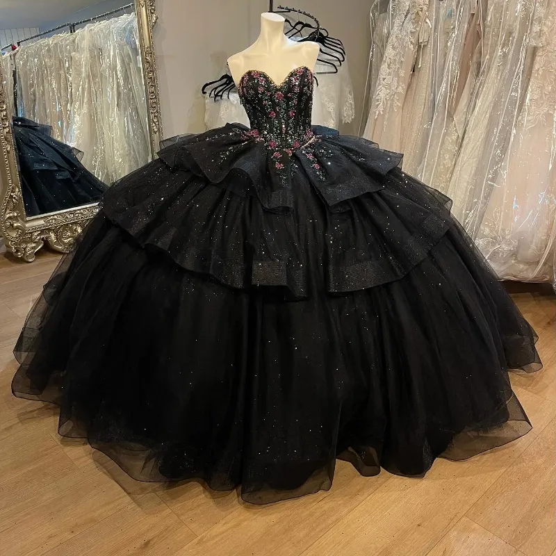 Sparkly Black Quinceanera Dress 2024 Ball Gown Appliques Beading Sequins Tull Tiered Puffy Skirt Sweet 16 Dress Vestidos De 15 Anos