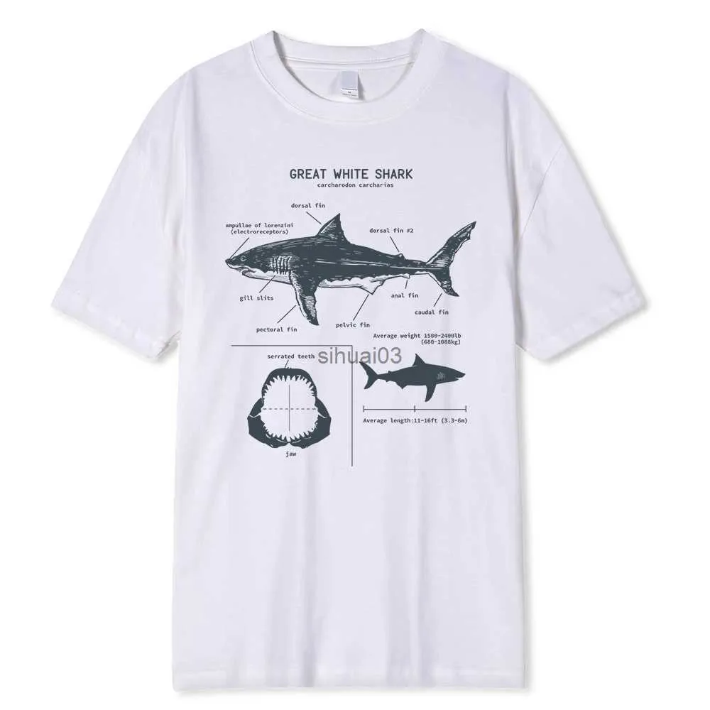 Men's T-Shirts Great White Shark Anatomy T-Shirt New Summer Men Street Short Sleeve Hip Hop Punk Style Boy Casual Tops Fashion White Tees