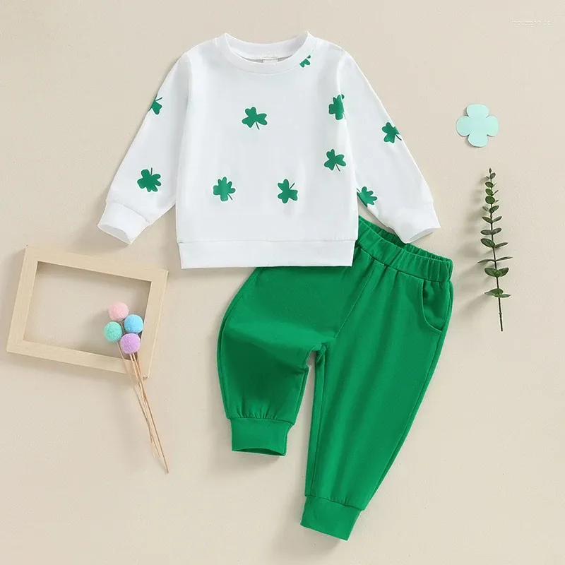 Kläderuppsättningar Citgeespring St.Patrick's Day Toddler Girls Autumn Pants Långärmad klövertryck Sweatshirt Green Casual Set