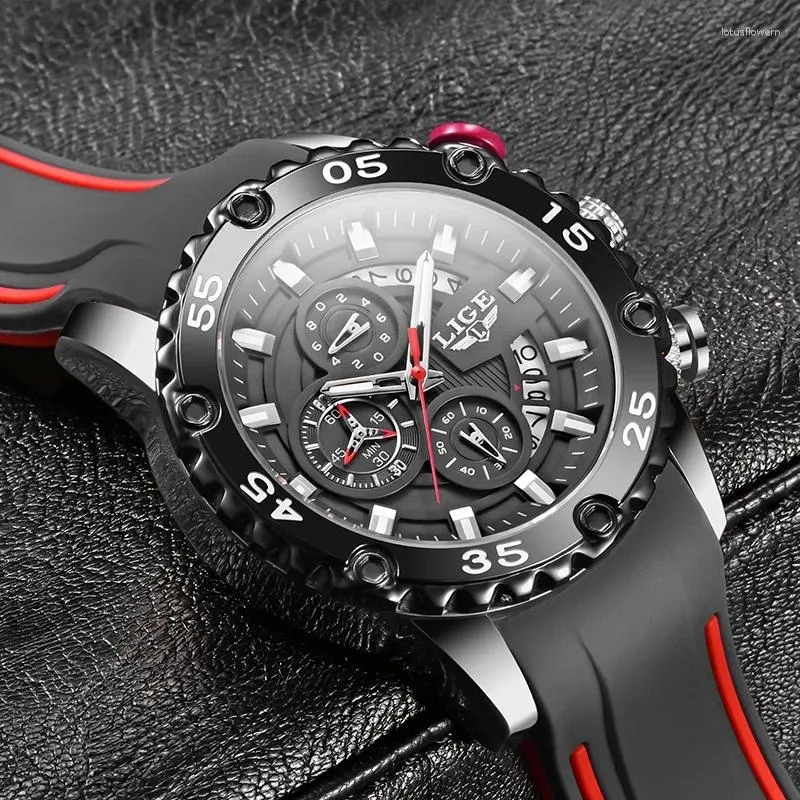 Relógios de pulso 2024 Relógios Mens LIGE Top Marca À Prova D 'Água Relógio Masculino Silicone Strap Esporte Relógio de Quartzo para Homens Grande Dial Cronógrafo