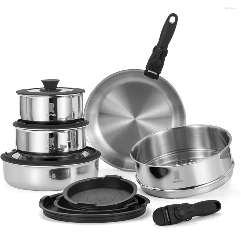 Ensembles de batterie de cuisine ROYDX Ensemble de casseroles et poêles 16 pièces poignées de cuisine en acier inoxydable pour toutes les cuisinières lave-vaisselle four coffre-fort camping