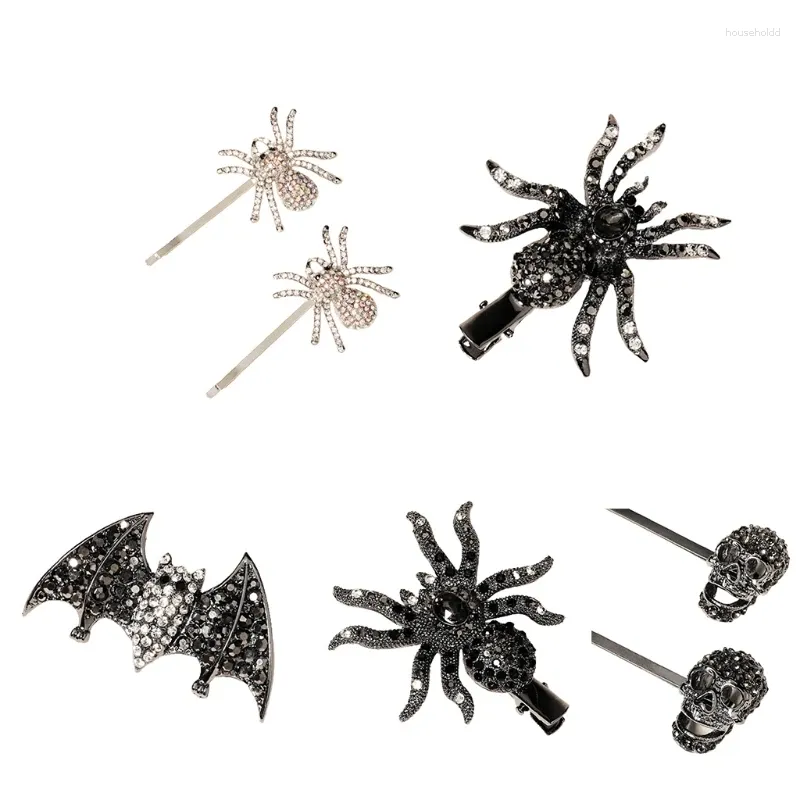 Pince à cheveux en métal pour femmes et filles, fournitures de fête, pince à cheveux, araignée, chauve-souris, crâne, Halloween, Barrette, strass, épingle à cheveux