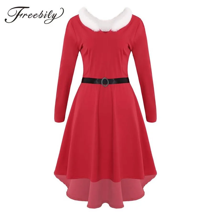 Donne Natale Bianco Finta Pelliccia Passamanerie Maniche lunghe Orlo alto-basso Abito longuette rosso con cintura Mrs Babbo Natale Xmas Party Costume265e