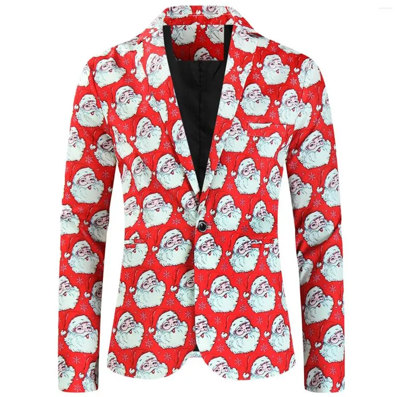 Herenpakken Kerstprint Blazer Leuke Cartoon Kerstman Patroon Pak Jassen 2024 Herfst Winter Lange Mouw Knop Revers Mannelijke jassen