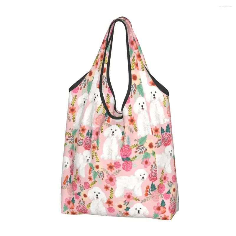 Shopping Bags Dog Pink Florals Women's Casual Shoulder Bag Large Capacity Tote Portable Storage Foldable Handbags